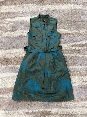 J. Crew Olive Green Dress with Teal Scroll Jacquard